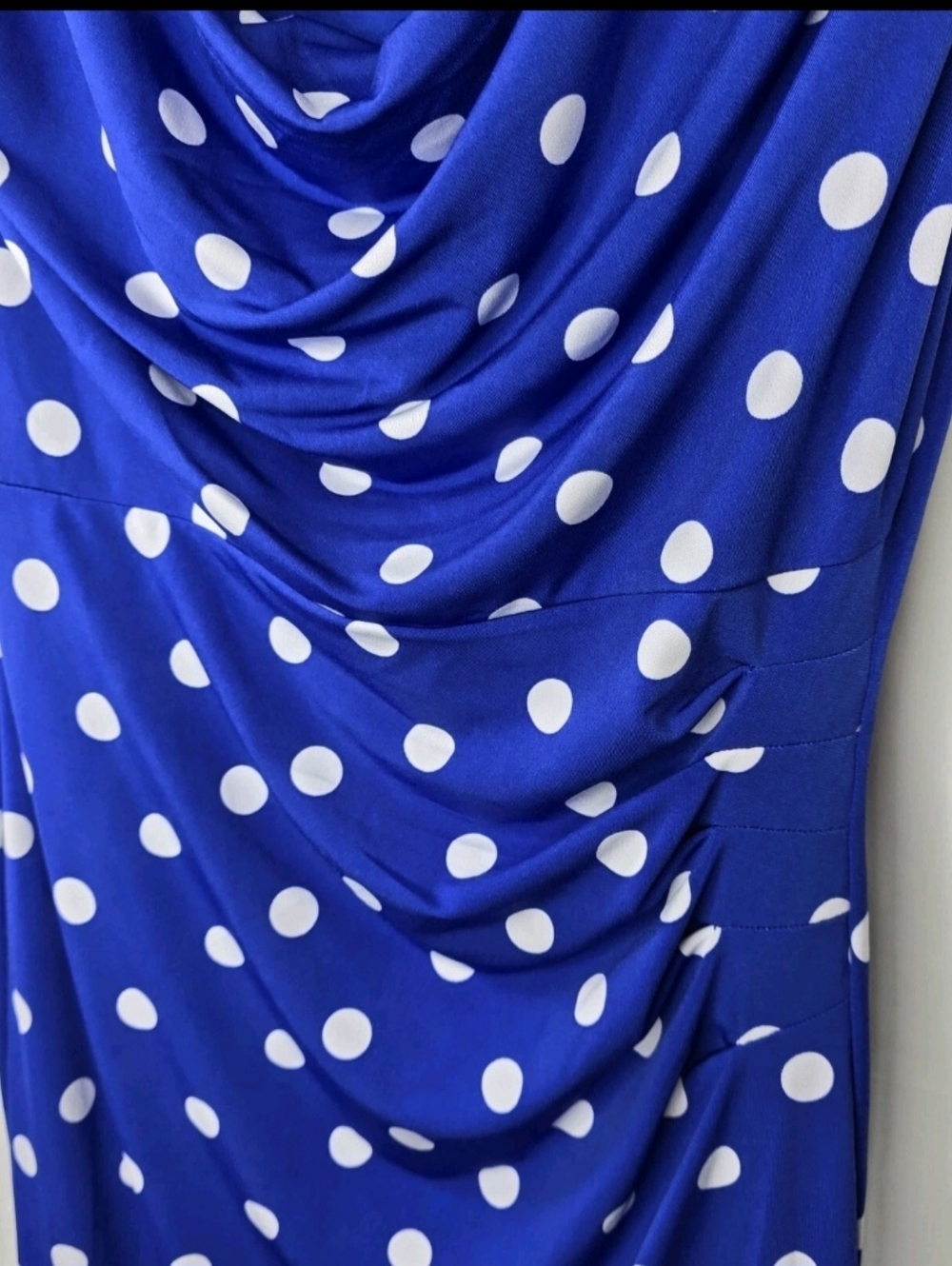 Ann Taylor Royal Blue & White Polka Dot Cowl Neck Midi Dress - Picture 2 of 9